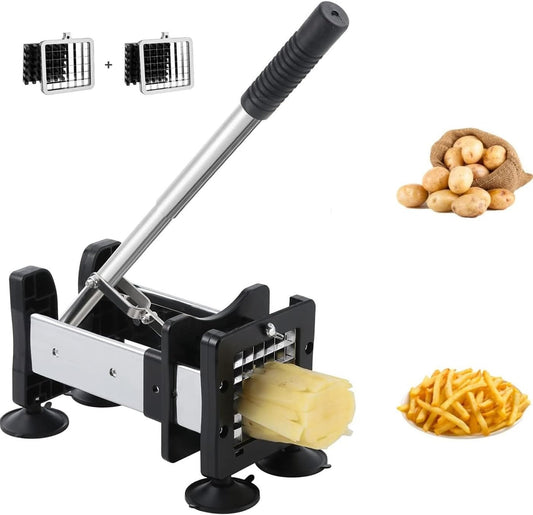 French Fry Cutter Stainless Steel Potato Cutter With 1/2" and 3/8" Commercial Grade Blades, Vegetable Cutter Chopper for Vegetables, Cucumbers, Potatoes