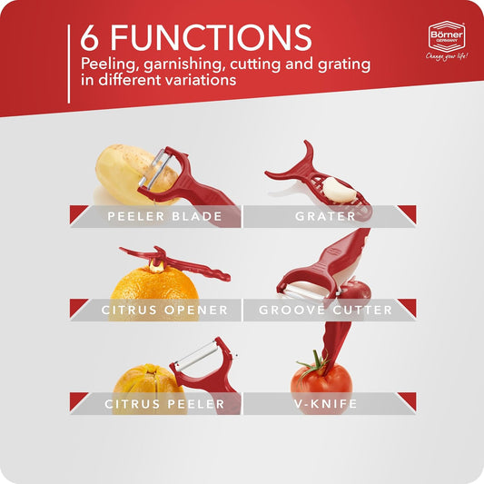 Borner 6-in-1 Fruit and Vegetable Peeler with Stainless Steel Double-Edged Blade, Multi function with Corer, Potato Eye Remover and Mini Grater, Made in Germany, Red