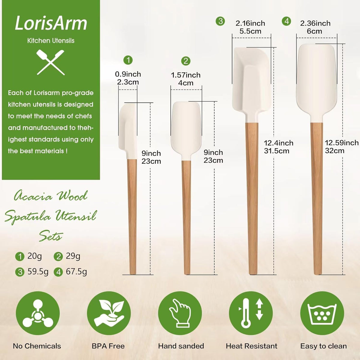 Wooden Handle Spatula Set, 12" & 9" Rubber Spatula Silicone Spatulas for Baking Cooking and Mixing.