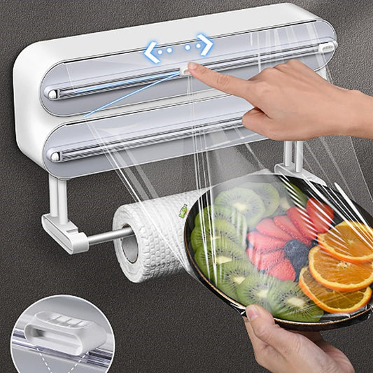 3 in 1 Plastic Wrap Dispenser with Cutter Magnetic Aluminum Foil | Wall Mount Kitchen Wrap Organizer, Cling Wrap Dispenser with Paper Towel Holder and Cutter
