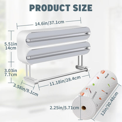 3 in 1 Plastic Wrap Dispenser with Cutter Magnetic Aluminum Foil | Wall Mount Kitchen Wrap Organizer, Cling Wrap Dispenser with Paper Towel Holder and Cutter