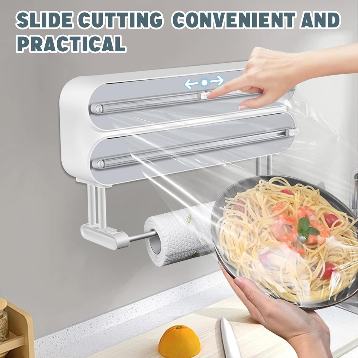 3 in 1 Plastic Wrap Dispenser with Cutter Magnetic Aluminum Foil | Wall Mount Kitchen Wrap Organizer, Cling Wrap Dispenser with Paper Towel Holder and Cutter