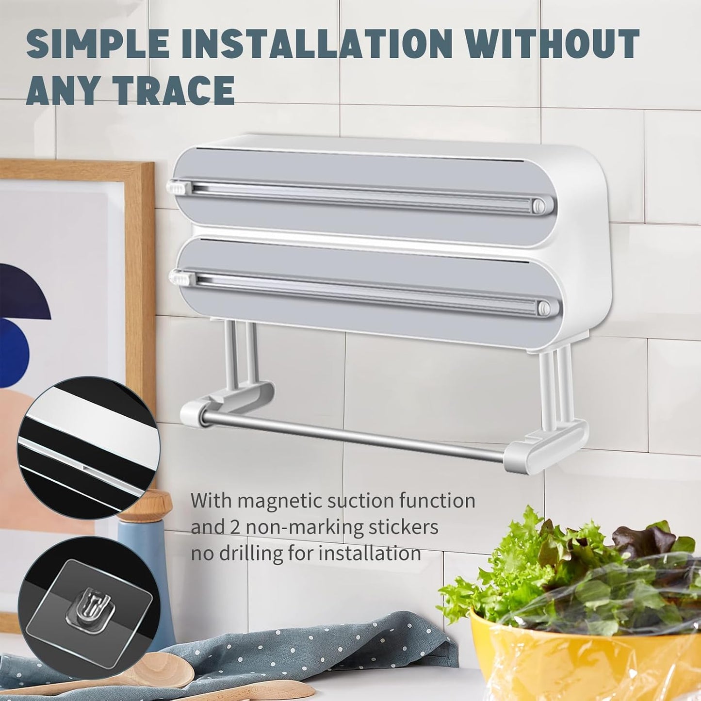 3 in 1 Plastic Wrap Dispenser with Cutter Magnetic Aluminum Foil | Wall Mount Kitchen Wrap Organizer, Cling Wrap Dispenser with Paper Towel Holder and Cutter