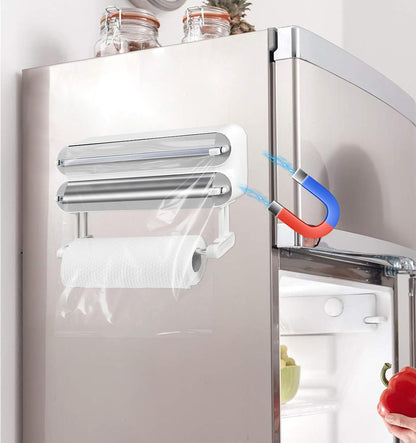 3 in 1 Plastic Wrap Dispenser with Cutter Magnetic Aluminum Foil | Wall Mount Kitchen Wrap Organizer, Cling Wrap Dispenser with Paper Towel Holder and Cutter