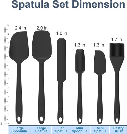 Silicone Spatula Set, 6 Pieces Food Grade Kitchen Utensils with Silicone Brush Heat Resistant Dishwasher Safe BPA-free Rubber Spatula for Scraping, Baking, Cooking, Mixing (Black)