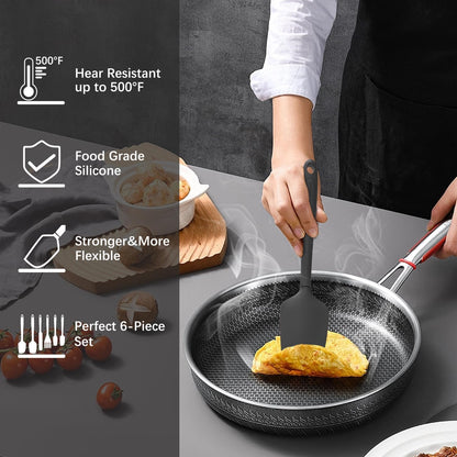 Silicone Spatula Set, 6 Pieces Food Grade Kitchen Utensils with Silicone Brush Heat Resistant Dishwasher Safe BPA-free Rubber Spatula for Scraping, Baking, Cooking, Mixing (Black)