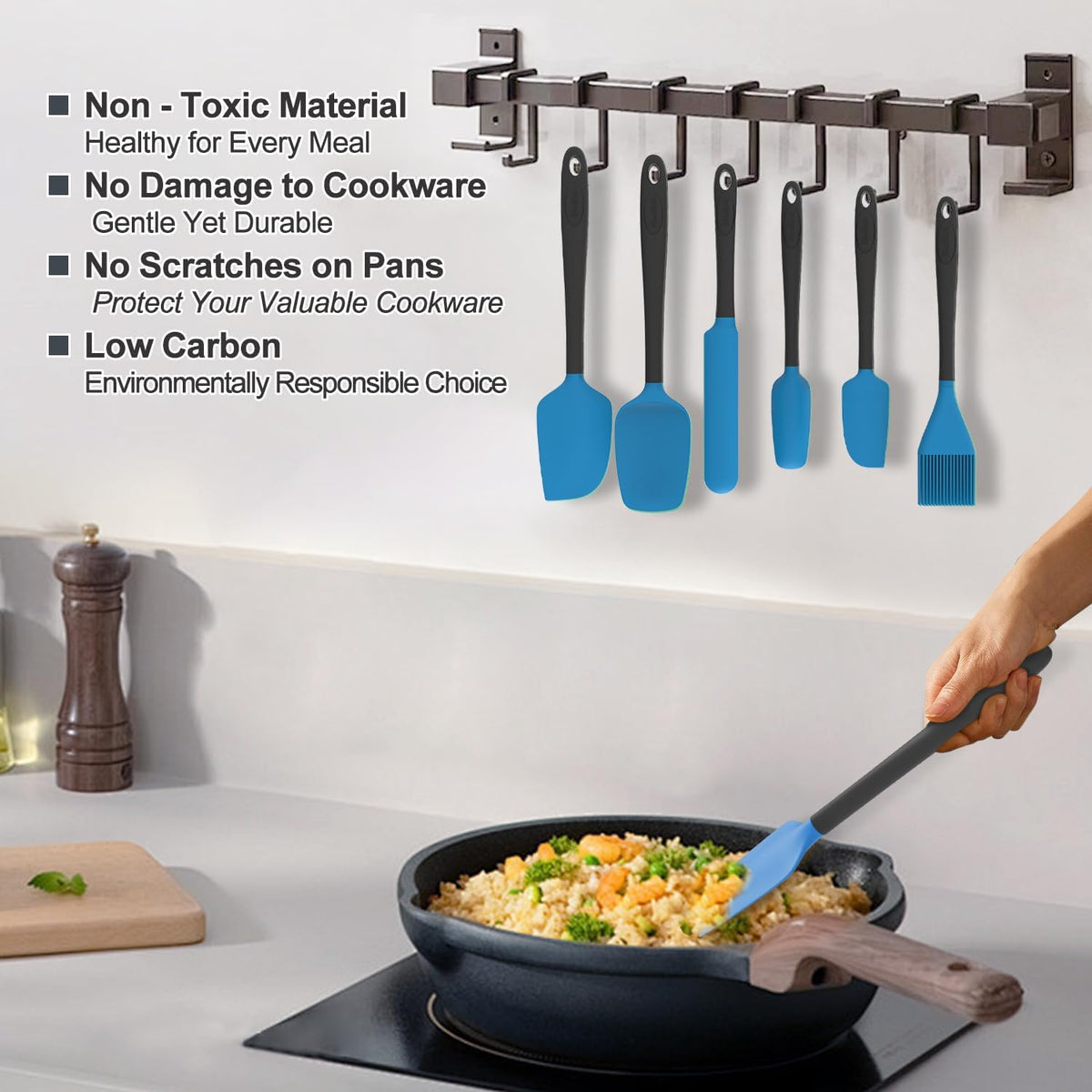 Silicone Spatula Set, 6 Pieces Food Grade Kitchen Utensils with Silicone Brush Heat Resistant Dishwasher Safe BPA-free Rubber Spatula for Scraping, Baking, Cooking, Mixing (Black)