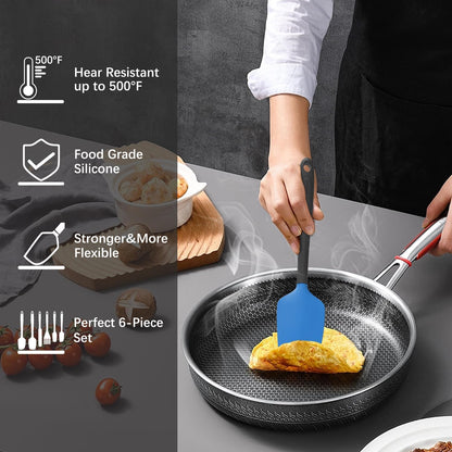 Silicone Spatula Set, 6 Pieces Food Grade Kitchen Utensils with Silicone Brush Heat Resistant Dishwasher Safe BPA-free Rubber Spatula for Scraping, Baking, Cooking, Mixing (Black)