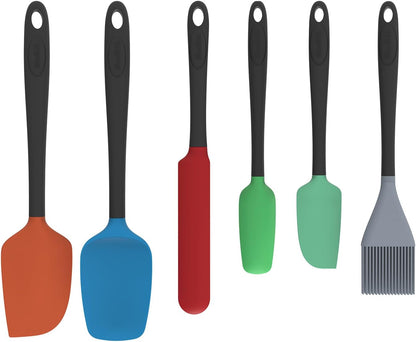 Silicone Spatula Set, 6 Pieces Food Grade Kitchen Utensils with Silicone Brush Heat Resistant Dishwasher Safe BPA-free Rubber Spatula for Scraping, Baking, Cooking, Mixing (Black)