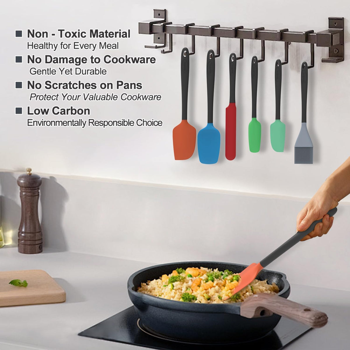 Silicone Spatula Set, 6 Pieces Food Grade Kitchen Utensils with Silicone Brush Heat Resistant Dishwasher Safe BPA-free Rubber Spatula for Scraping, Baking, Cooking, Mixing (Black)