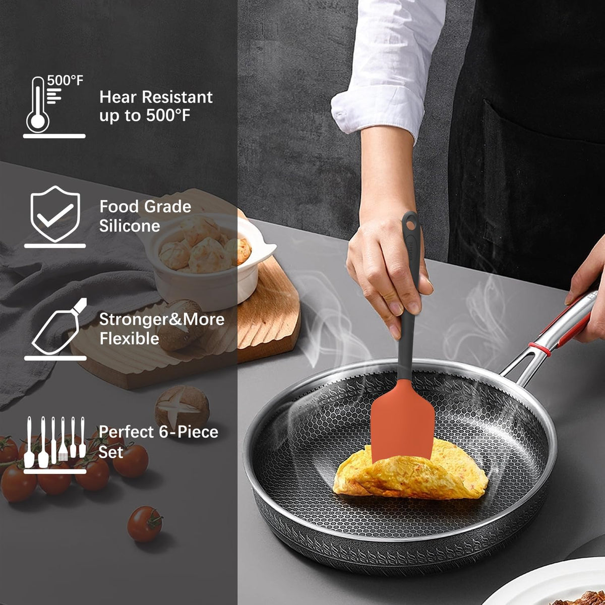 Silicone Spatula Set, 6 Pieces Food Grade Kitchen Utensils with Silicone Brush Heat Resistant Dishwasher Safe BPA-free Rubber Spatula for Scraping, Baking, Cooking, Mixing (Black)