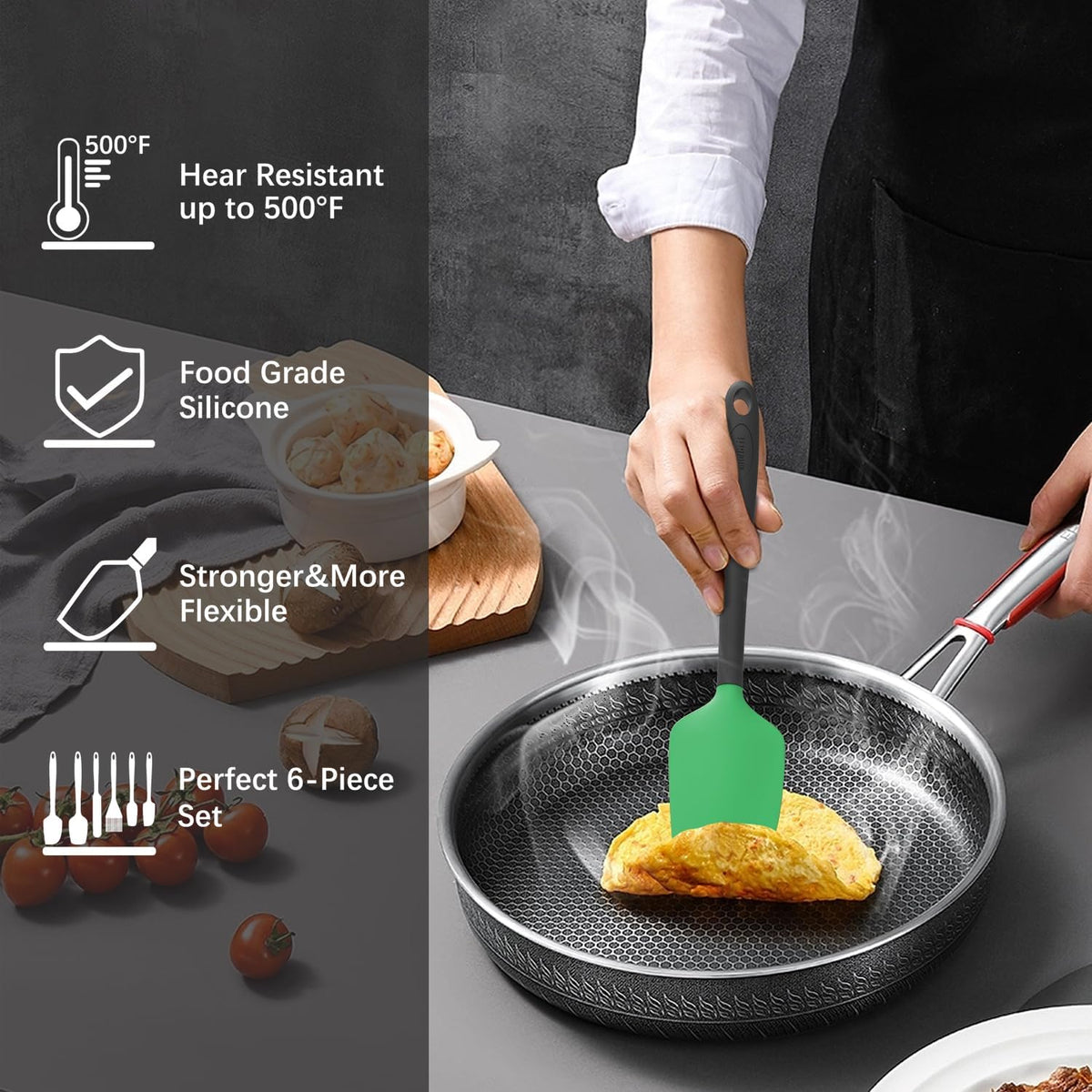 Silicone Spatula Set, 6 Pieces Food Grade Kitchen Utensils with Silicone Brush Heat Resistant Dishwasher Safe BPA-free Rubber Spatula for Scraping, Baking, Cooking, Mixing (Black)