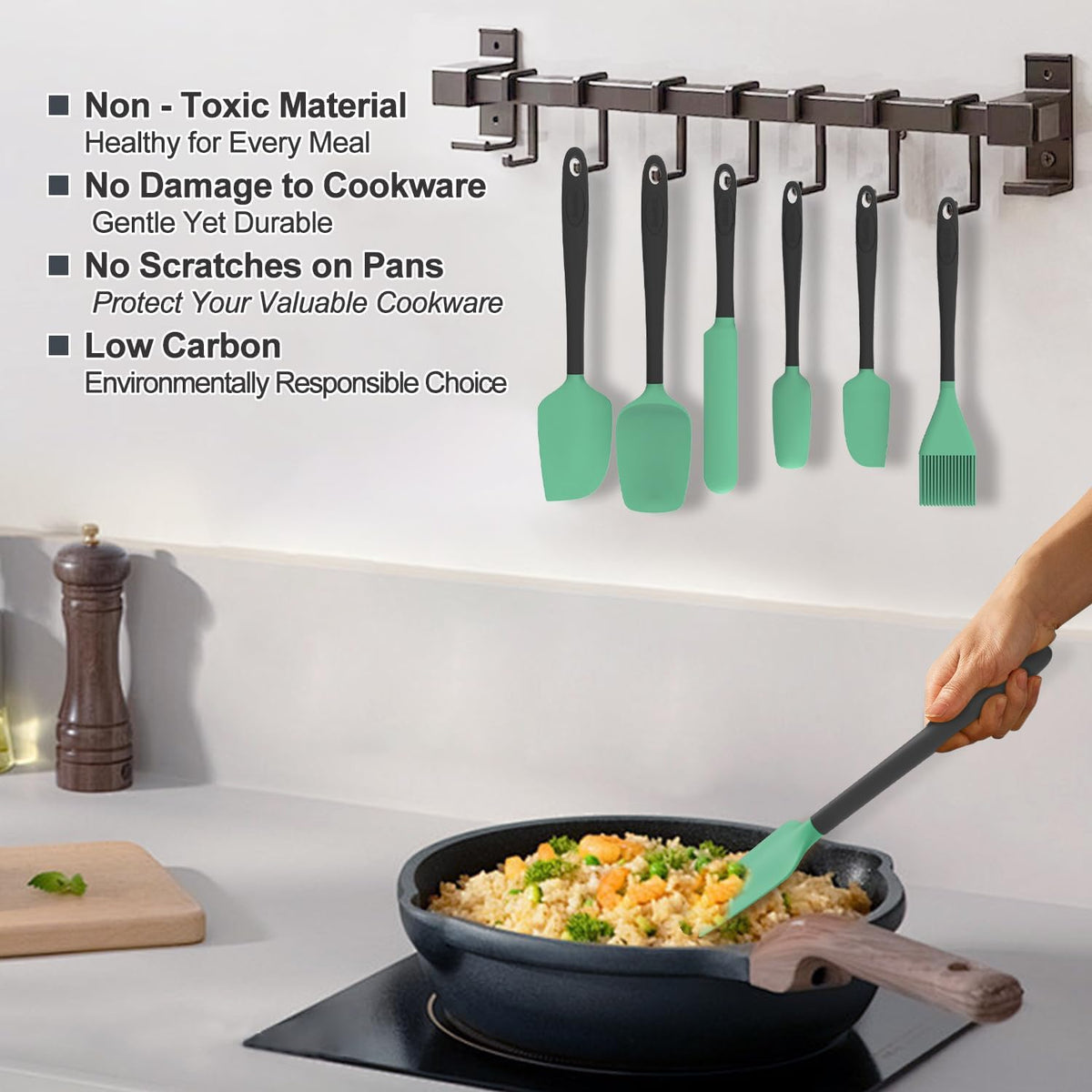 Silicone Spatula Set, 6 Pieces Food Grade Kitchen Utensils with Silicone Brush Heat Resistant Dishwasher Safe BPA-free Rubber Spatula for Scraping, Baking, Cooking, Mixing (Black)