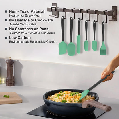 Silicone Spatula Set, 6 Pieces Food Grade Kitchen Utensils with Silicone Brush Heat Resistant Dishwasher Safe BPA-free Rubber Spatula for Scraping, Baking, Cooking, Mixing (Black)