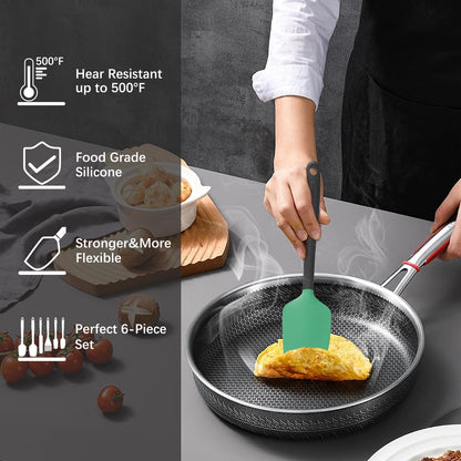 Silicone Spatula Set, 6 Pieces Food Grade Kitchen Utensils with Silicone Brush Heat Resistant Dishwasher Safe BPA-free Rubber Spatula for Scraping, Baking, Cooking, Mixing (Black)