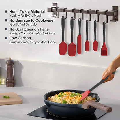 Silicone Spatula Set, 6 Pieces Food Grade Kitchen Utensils with Silicone Brush Heat Resistant Dishwasher Safe BPA-free Rubber Spatula for Scraping, Baking, Cooking, Mixing (Black)