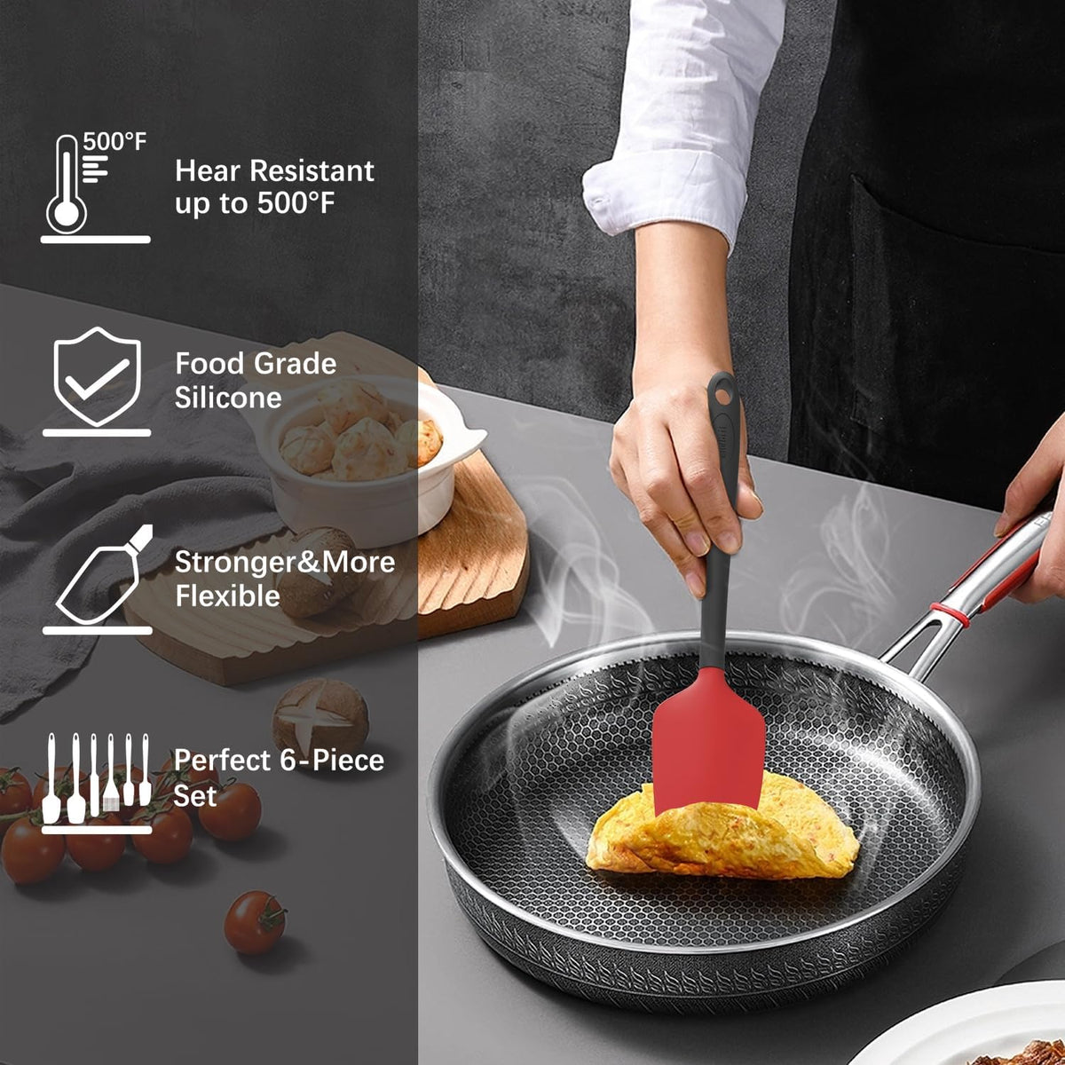 Silicone Spatula Set, 6 Pieces Food Grade Kitchen Utensils with Silicone Brush Heat Resistant Dishwasher Safe BPA-free Rubber Spatula for Scraping, Baking, Cooking, Mixing (Black)