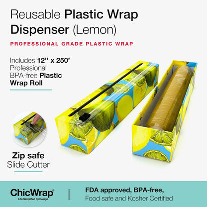 Lemon Refillable Plastic Wrap Dispenser - Includes One 12" x 250' Roll of Professional Grade Plastic Wrap - BPA Free and Kosher Certified - Reusable Dispenser w/Slide Cutter