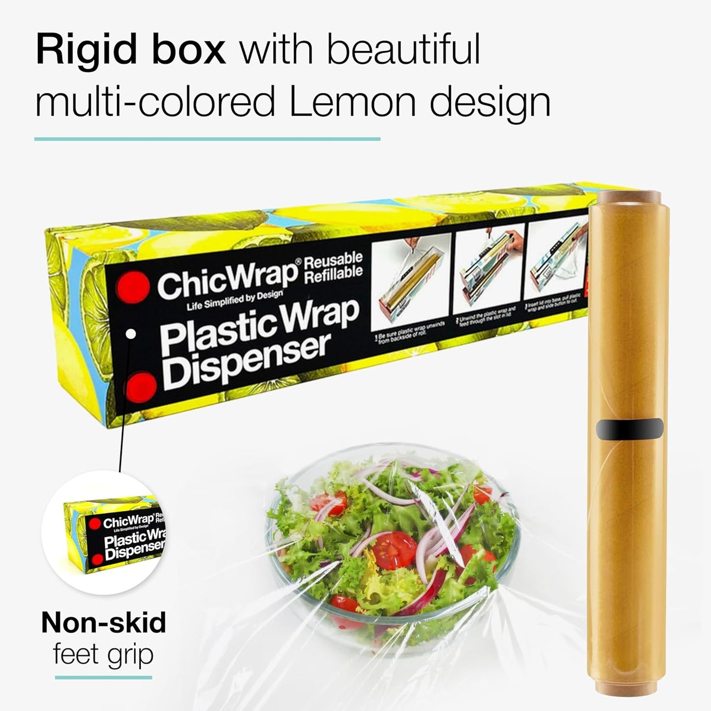 Lemon Refillable Plastic Wrap Dispenser - Includes One 12" x 250' Roll of Professional Grade Plastic Wrap - BPA Free and Kosher Certified - Reusable Dispenser w/Slide Cutter