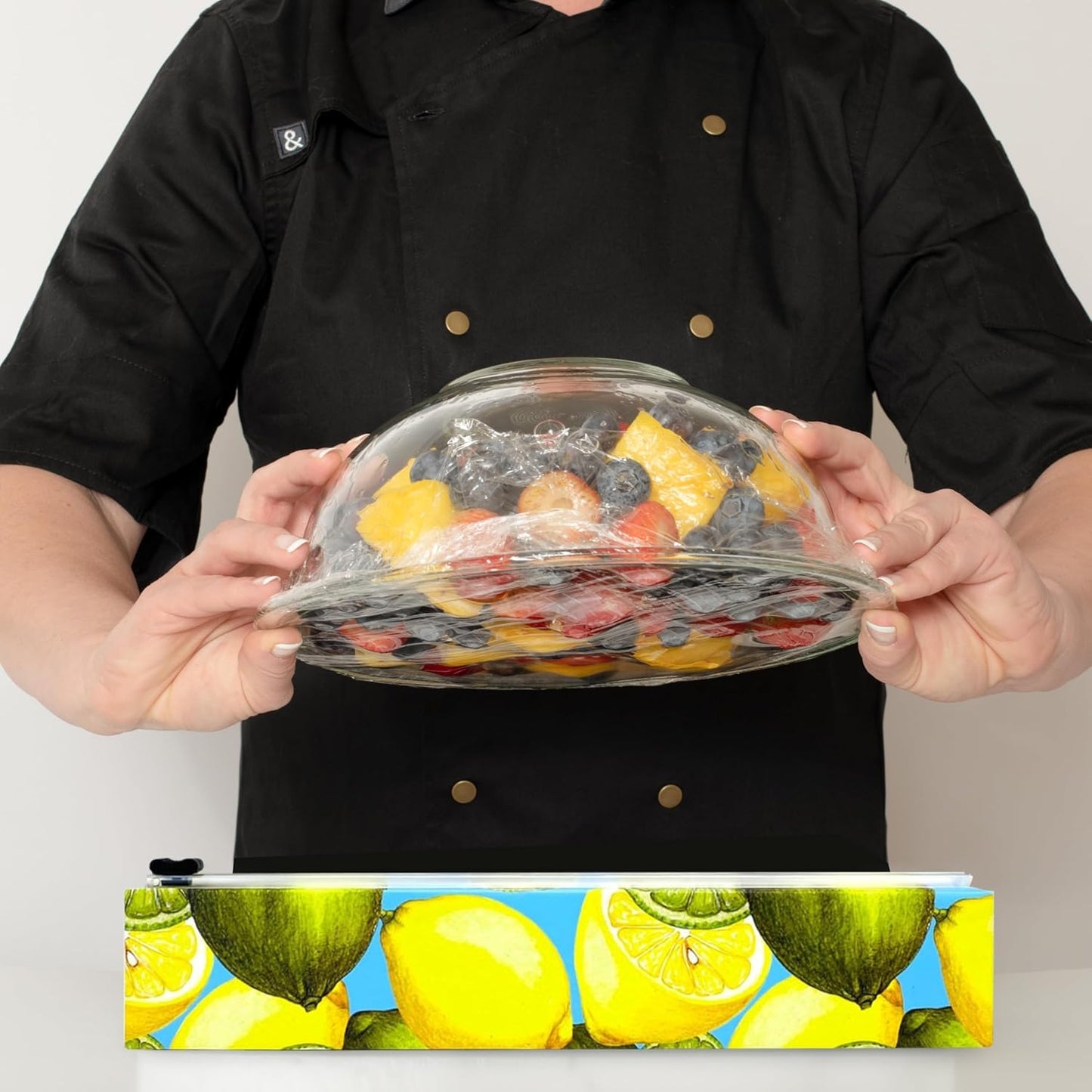 Lemon Refillable Plastic Wrap Dispenser - Includes One 12" x 250' Roll of Professional Grade Plastic Wrap - BPA Free and Kosher Certified - Reusable Dispenser w/Slide Cutter