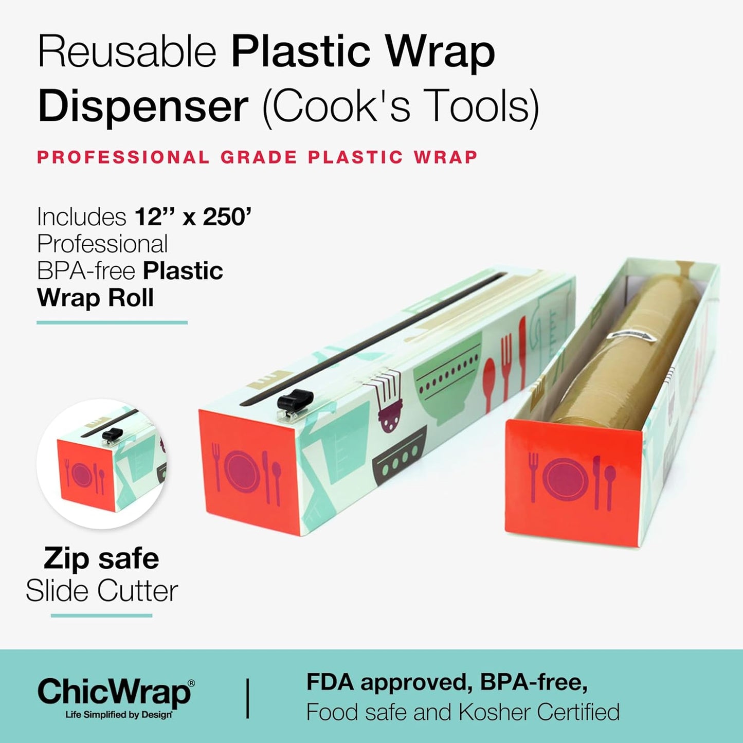 Lemon Refillable Plastic Wrap Dispenser - Includes One 12" x 250' Roll of Professional Grade Plastic Wrap - BPA Free and Kosher Certified - Reusable Dispenser w/Slide Cutter