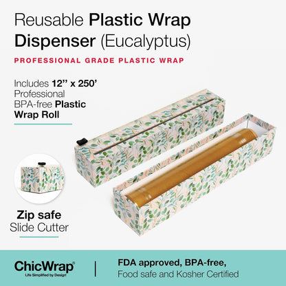 Lemon Refillable Plastic Wrap Dispenser - Includes One 12" x 250' Roll of Professional Grade Plastic Wrap - BPA Free and Kosher Certified - Reusable Dispenser w/Slide Cutter