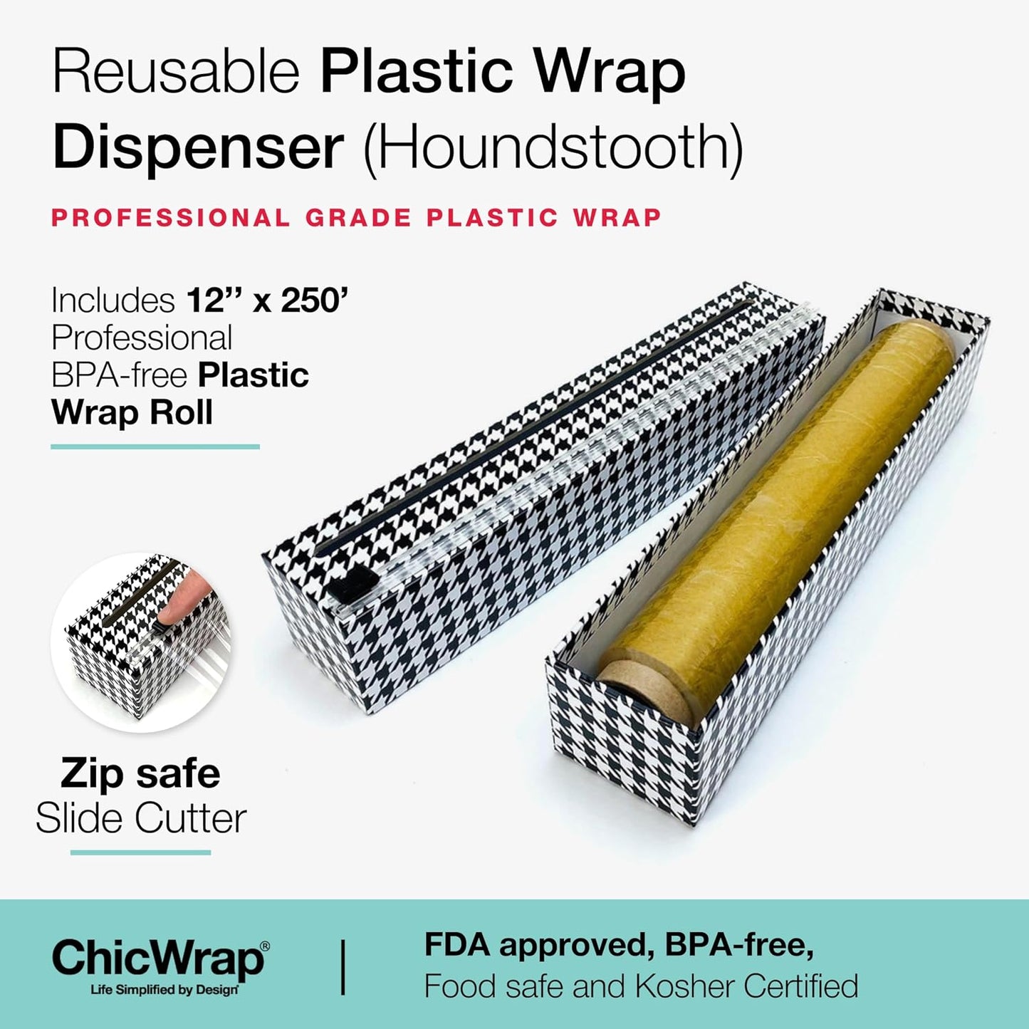 Lemon Refillable Plastic Wrap Dispenser - Includes One 12" x 250' Roll of Professional Grade Plastic Wrap - BPA Free and Kosher Certified - Reusable Dispenser w/Slide Cutter