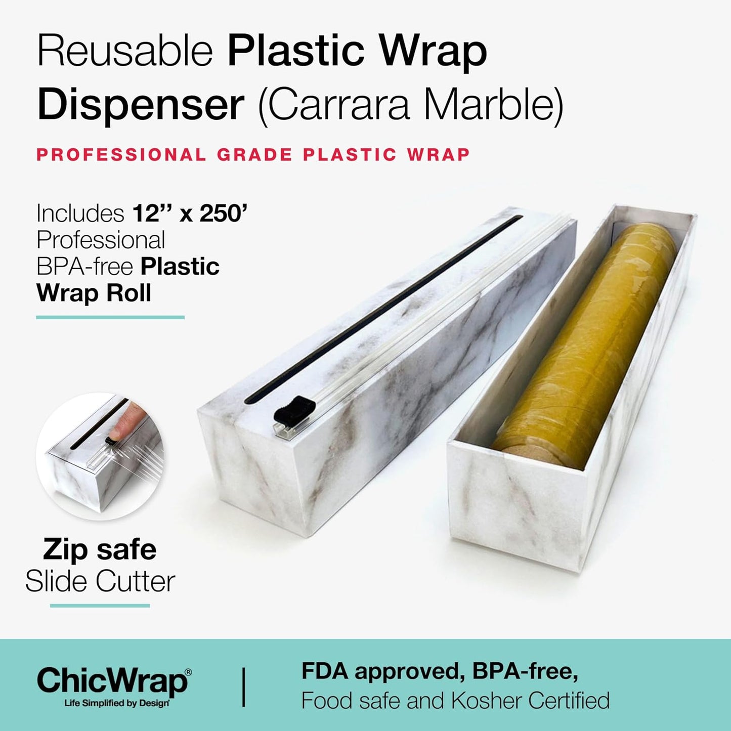 Lemon Refillable Plastic Wrap Dispenser - Includes One 12" x 250' Roll of Professional Grade Plastic Wrap - BPA Free and Kosher Certified - Reusable Dispenser w/Slide Cutter