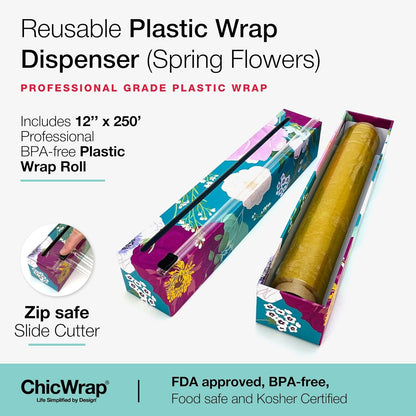 Lemon Refillable Plastic Wrap Dispenser - Includes One 12" x 250' Roll of Professional Grade Plastic Wrap - BPA Free and Kosher Certified - Reusable Dispenser w/Slide Cutter