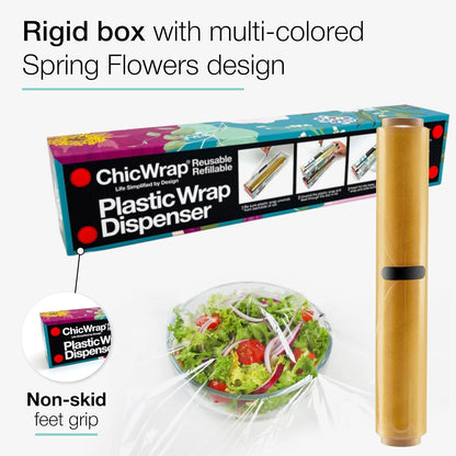 Lemon Refillable Plastic Wrap Dispenser - Includes One 12" x 250' Roll of Professional Grade Plastic Wrap - BPA Free and Kosher Certified - Reusable Dispenser w/Slide Cutter