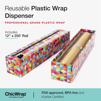 Lemon Refillable Plastic Wrap Dispenser - Includes One 12" x 250' Roll of Professional Grade Plastic Wrap - BPA Free and Kosher Certified - Reusable Dispenser w/Slide Cutter