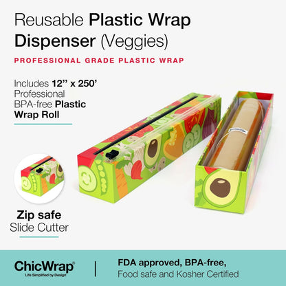 Lemon Refillable Plastic Wrap Dispenser - Includes One 12" x 250' Roll of Professional Grade Plastic Wrap - BPA Free and Kosher Certified - Reusable Dispenser w/Slide Cutter