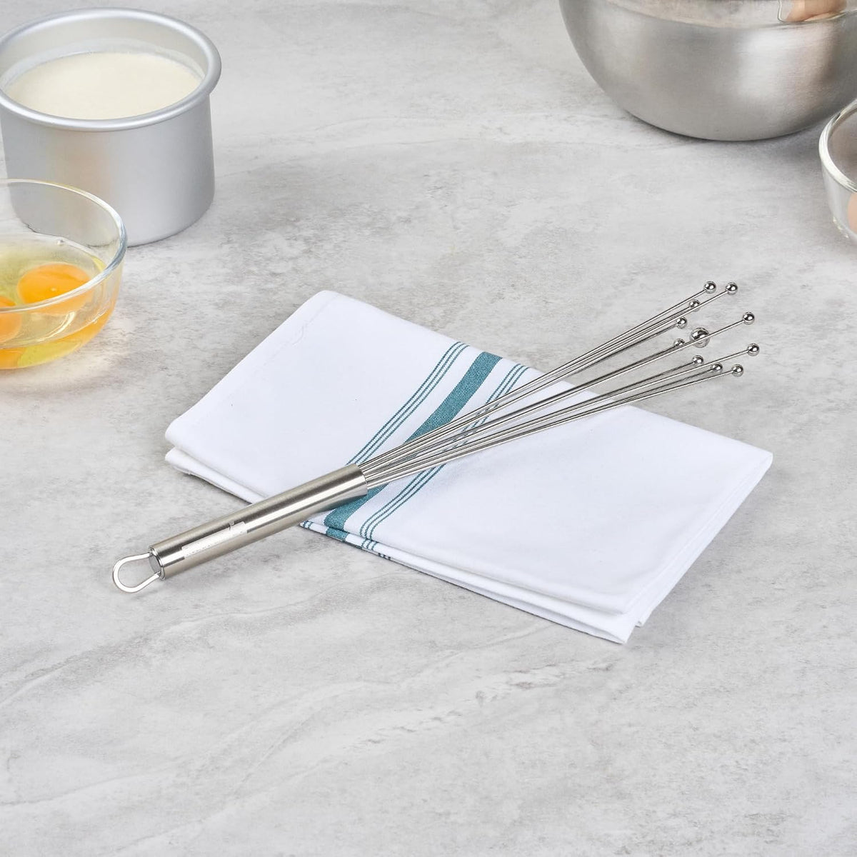 10.5 in Stainless Steel Ball Whisk - German Standard Egg Beater with Ergonomic Handle, Dishwasher Safe - Manual Mixer Cooking Whisk for Baking, Stirring, Sauces, Beating