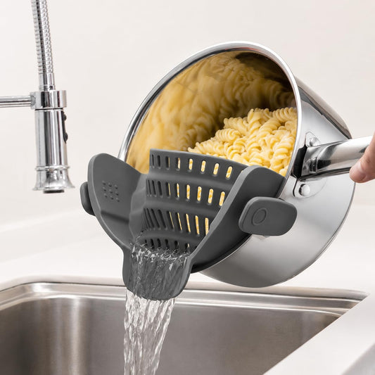 Silicone Clip-On Strainer for Pots, Grey Hands-Free Colander | Flexible grey silicone strainer, 23 x 12.5 cm, clips to cookware for draining pasta, vegetables, and meat.