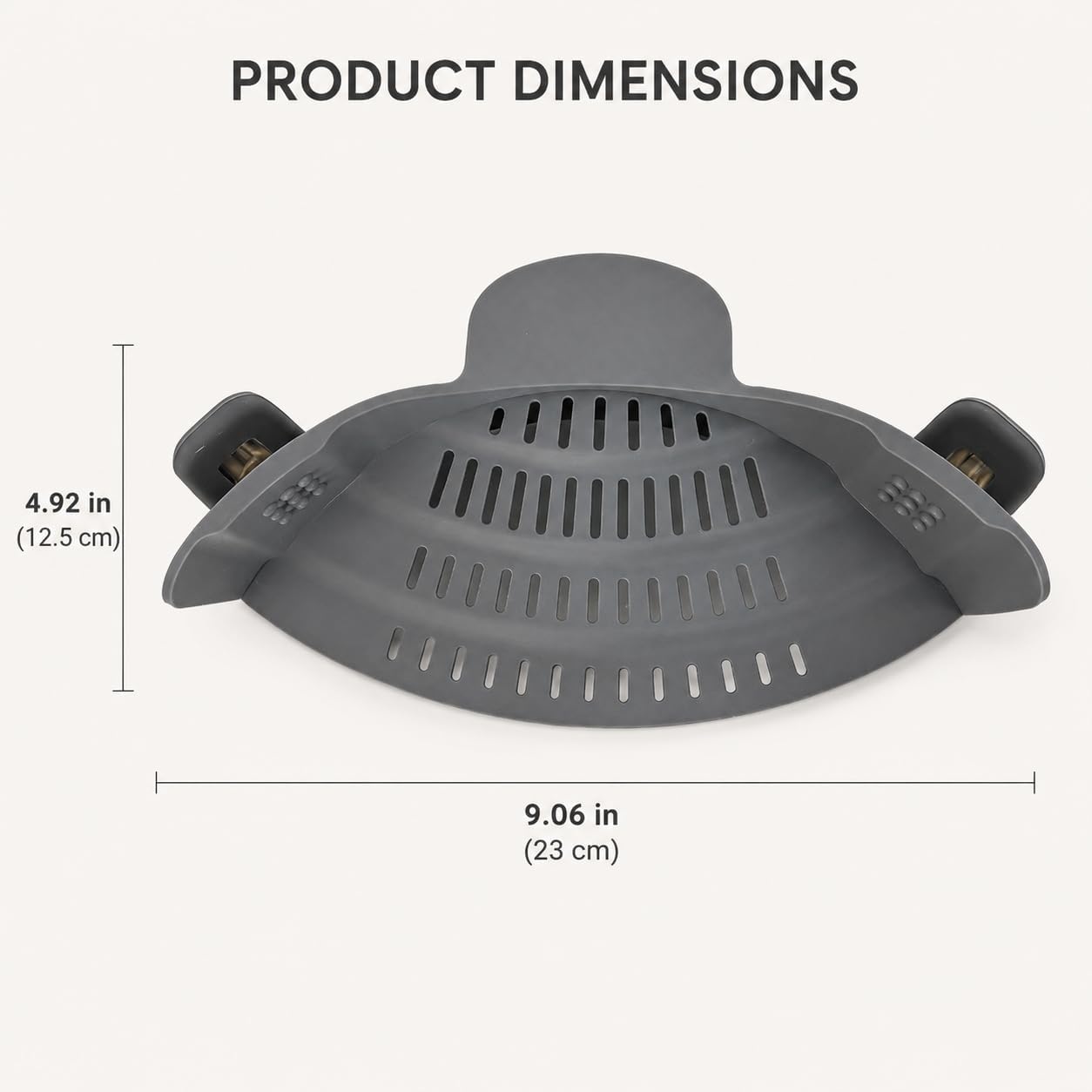 Silicone Clip-On Strainer for Pots, Grey Hands-Free Colander | Flexible grey silicone strainer, 23 x 12.5 cm, clips to cookware for draining pasta, vegetables, and meat.