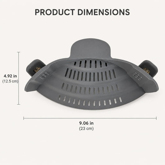 Silicone Clip-On Strainer for Pots, Grey Hands-Free Colander | Flexible grey silicone strainer, 23 x 12.5 cm, clips to cookware for draining pasta, vegetables, and meat.