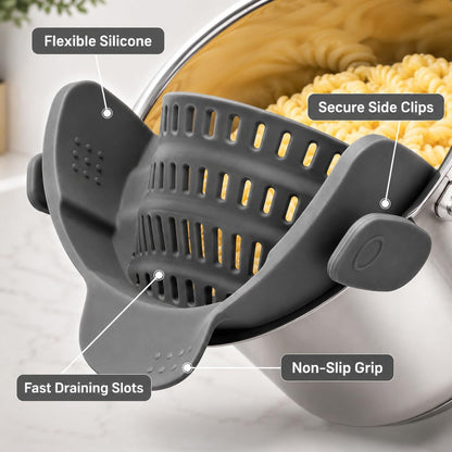 Silicone Clip-On Strainer for Pots, Grey Hands-Free Colander | Flexible grey silicone strainer, 23 x 12.5 cm, clips to cookware for draining pasta, vegetables, and meat.