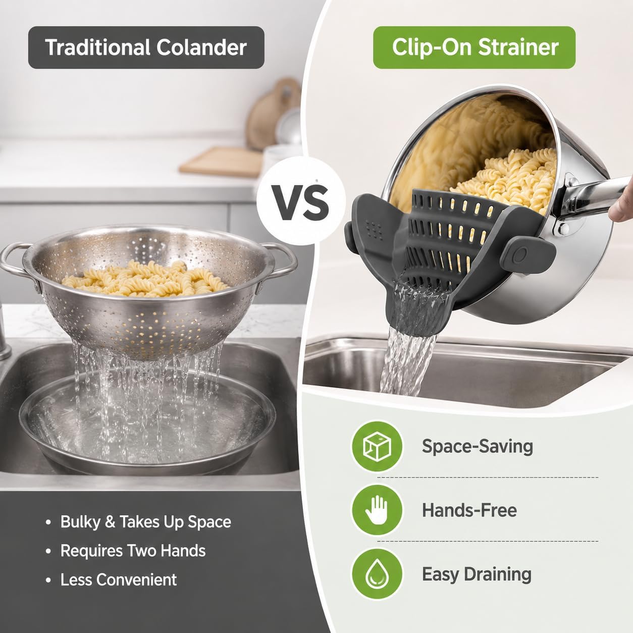 Silicone Clip-On Strainer for Pots, Grey Hands-Free Colander | Flexible grey silicone strainer, 23 x 12.5 cm, clips to cookware for draining pasta, vegetables, and meat.