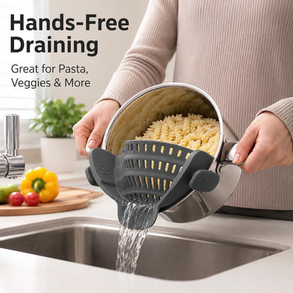 Silicone Clip-On Strainer for Pots, Grey Hands-Free Colander | Flexible grey silicone strainer, 23 x 12.5 cm, clips to cookware for draining pasta, vegetables, and meat.