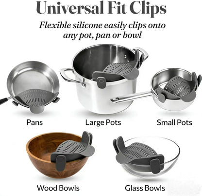 Silicone Clip-On Strainer for Pots, Grey Hands-Free Colander | Flexible grey silicone strainer, 23 x 12.5 cm, clips to cookware for draining pasta, vegetables, and meat.