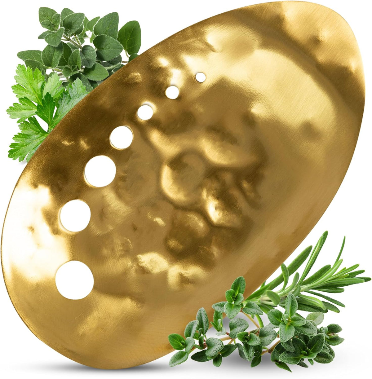 Brass Herb Stripper Bowl - Handmade with 7 Hole Sizes, Shreds and Catches | Hand-Hammered Kitchen Gadget for Kale, Rosemary, Thyme, Basil, 5.5 x 3.5 In. Herb Cutter and Peeler