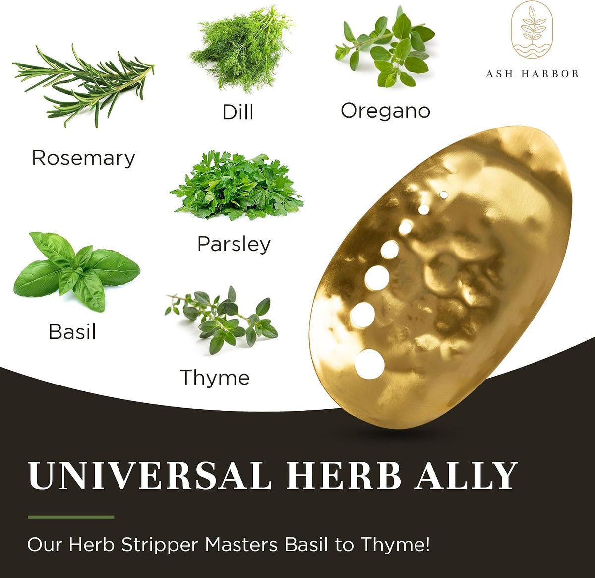 Brass Herb Stripper Bowl - Handmade with 7 Hole Sizes, Shreds and Catches | Hand-Hammered Kitchen Gadget for Kale, Rosemary, Thyme, Basil, 5.5 x 3.5 In. Herb Cutter and Peeler