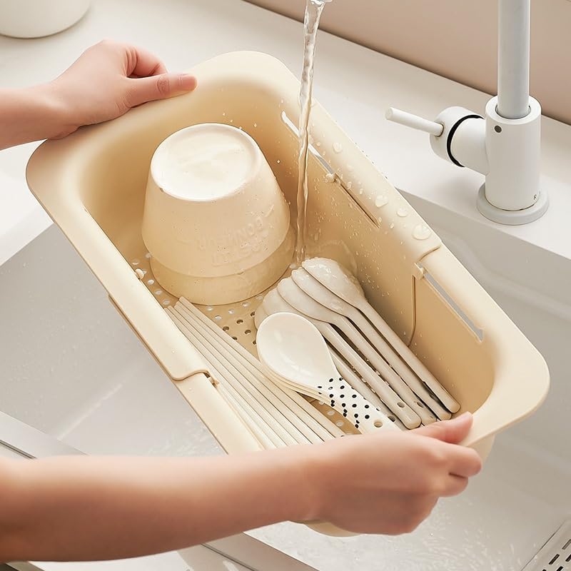 Kitchen Sink Colander, Extendable Strainer Basket Over The Sink for Wash Vegetables and Fruits, Drain Cooked Pasta and Dry Dishes 13.6"-18.7" L x 7.87" W x 2.76" H - Cream