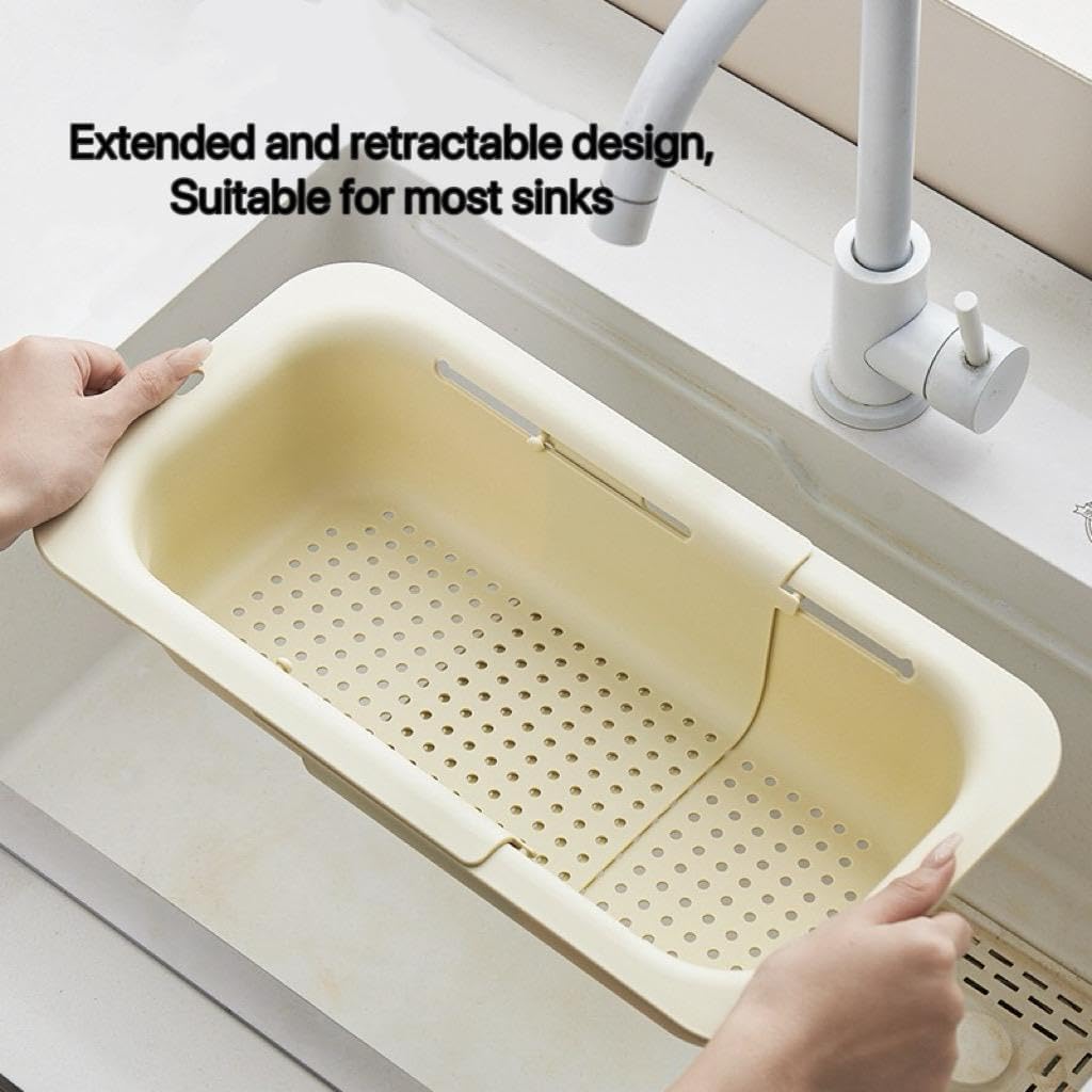 Kitchen Sink Colander, Extendable Strainer Basket Over The Sink for Wash Vegetables and Fruits, Drain Cooked Pasta and Dry Dishes 13.6"-18.7" L x 7.87" W x 2.76" H - Cream