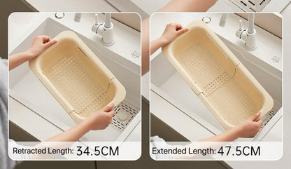 Kitchen Sink Colander, Extendable Strainer Basket Over The Sink for Wash Vegetables and Fruits, Drain Cooked Pasta and Dry Dishes 13.6"-18.7" L x 7.87" W x 2.76" H - Cream