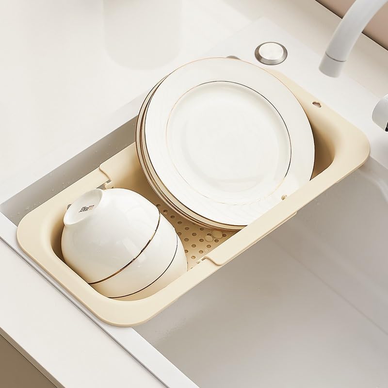 Kitchen Sink Colander, Extendable Strainer Basket Over The Sink for Wash Vegetables and Fruits, Drain Cooked Pasta and Dry Dishes 13.6"-18.7" L x 7.87" W x 2.76" H - Cream
