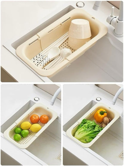 Kitchen Sink Colander, Extendable Strainer Basket Over The Sink for Wash Vegetables and Fruits, Drain Cooked Pasta and Dry Dishes 13.6"-18.7" L x 7.87" W x 2.76" H - Cream