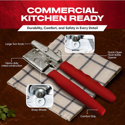 Chef Master Commercial Can Opener Heavy Duty - Manual Hand Crank for Large Cans with Anti-Slip Grip - Stainless Steel Restaurant Can Opener Manual for Seniors, Kitchen, Bars & Food Trucks - 90056