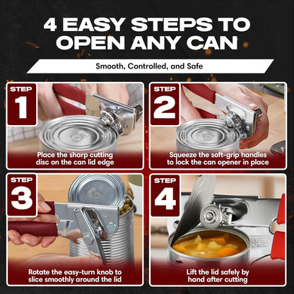 Chef Master Commercial Can Opener Heavy Duty - Manual Hand Crank for Large Cans with Anti-Slip Grip - Stainless Steel Restaurant Can Opener Manual for Seniors, Kitchen, Bars & Food Trucks - 90056