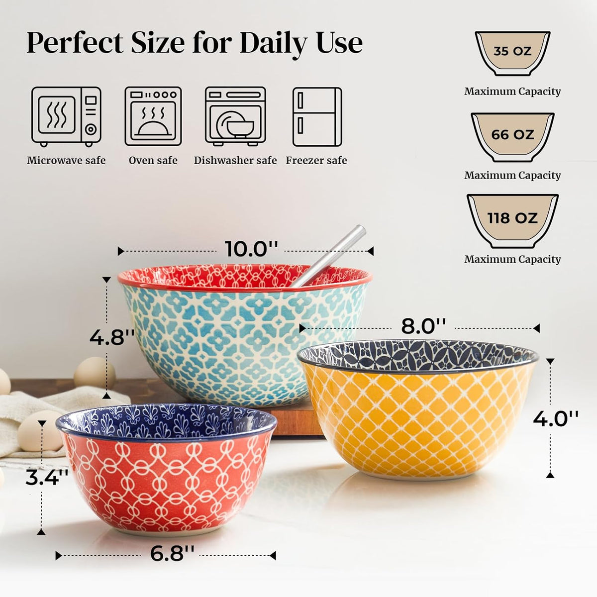Mixing Bowls, Ceramic Mixing Bowls for Kitchen, Colorful Vibrant Nesting Bowls for Cooking, Baking, Prepping, Serving, Salad, Housewarming Gift, Microwave Dishwasher Safe, 3.7/2/1 Qt, Set of 3